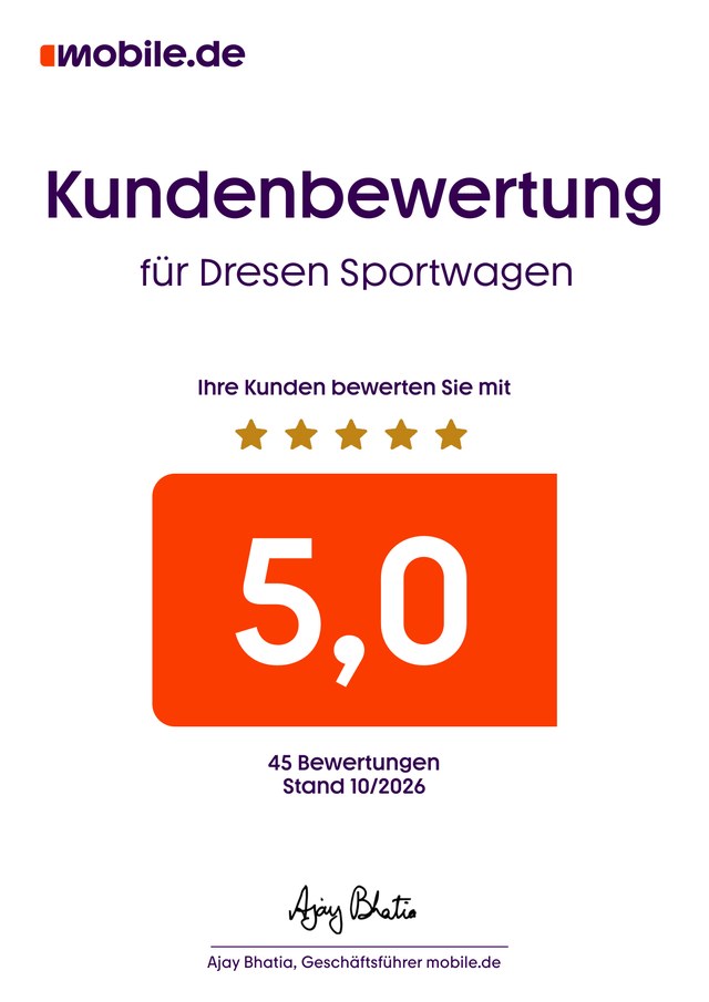 mobile.de Zertifikat Kundenbewertung 5,0 für Dresen Sportwagen